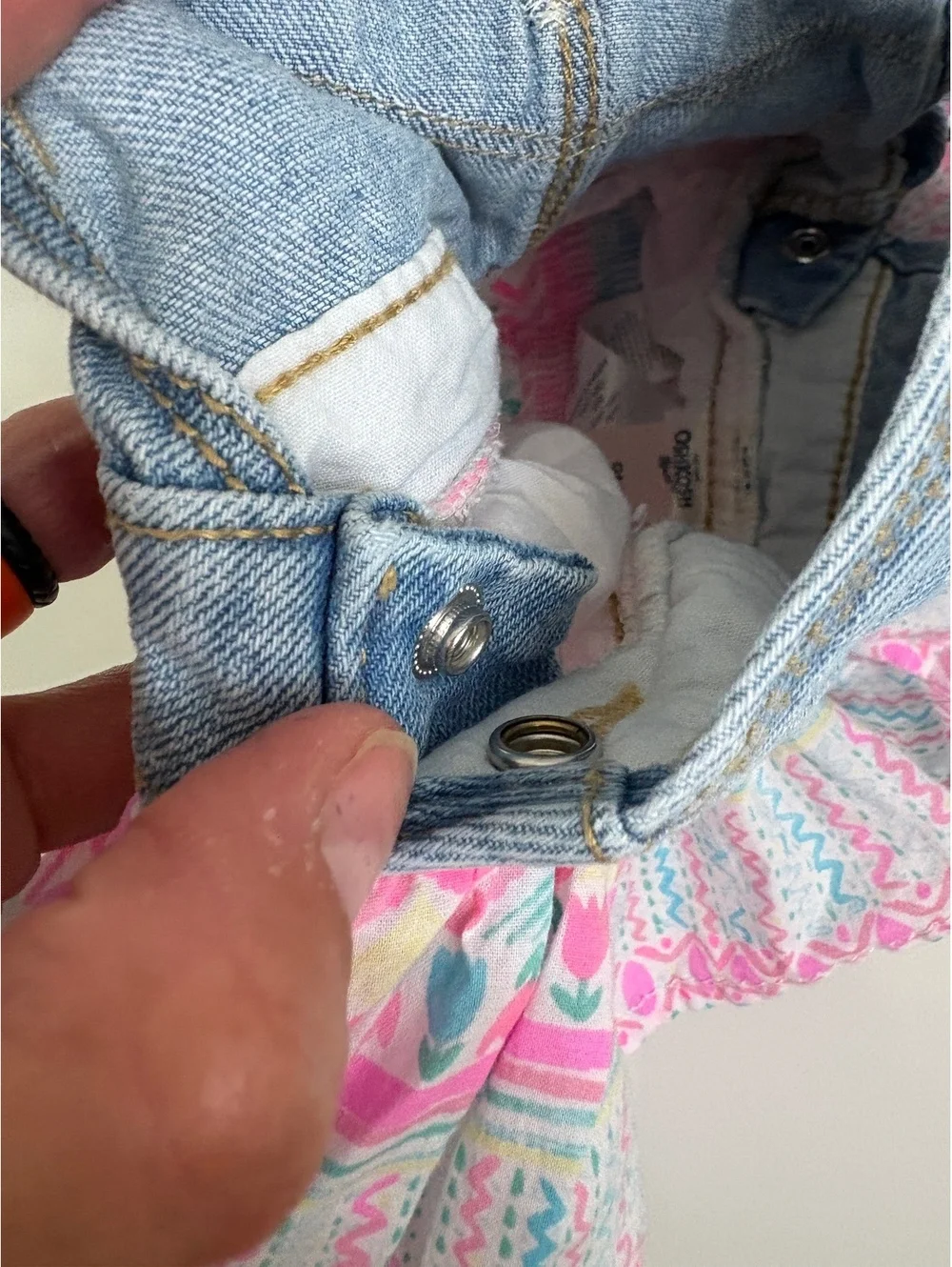 Oshkosh | Baby Girls Denim Overall Dress Romper Pink Turquoise Size 9 Mo
